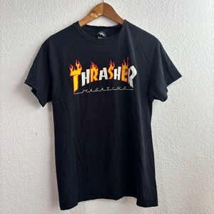 Thrasher Black Tee with Orange & Yellow Flame Logo Medium